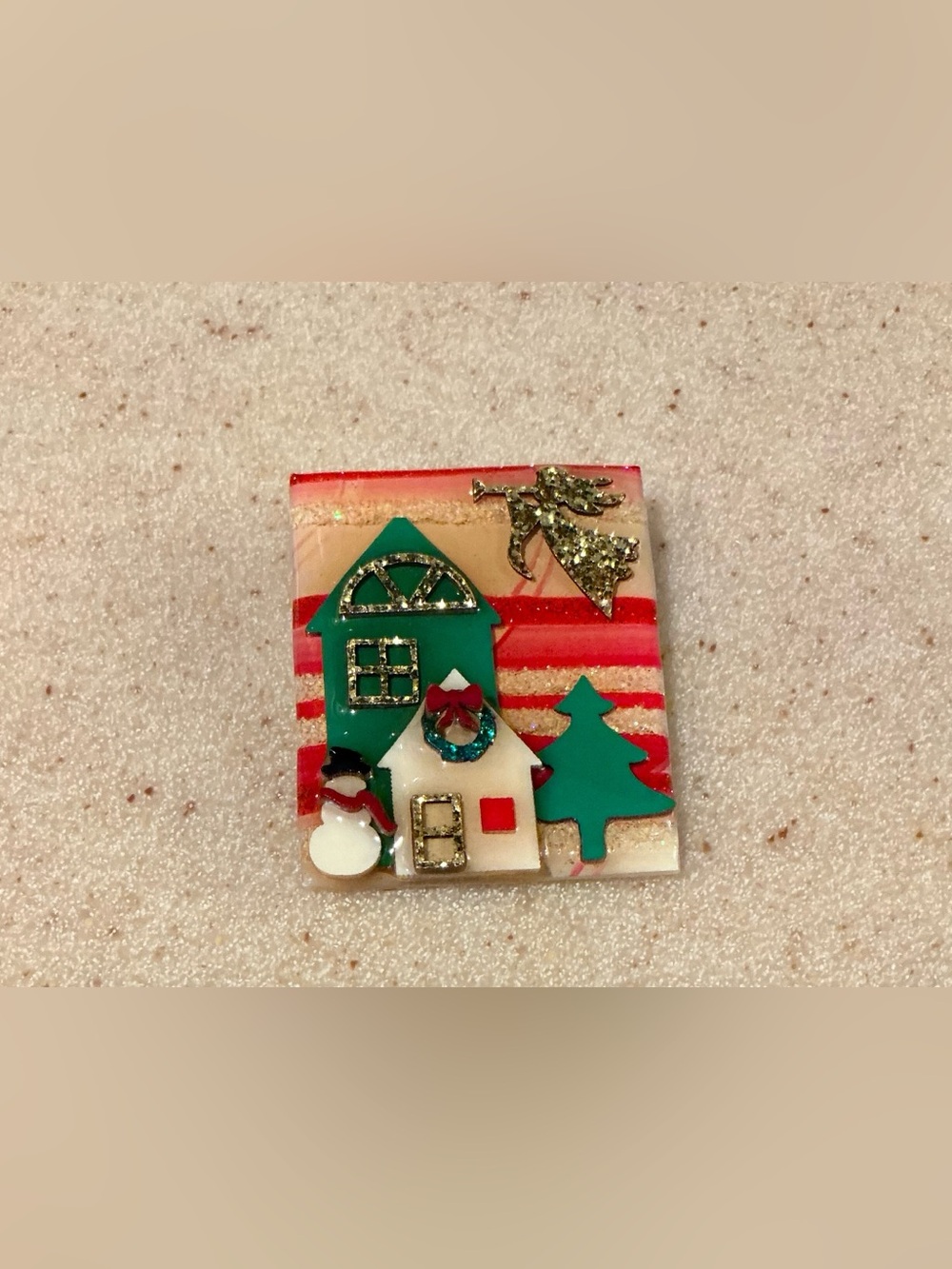 Lucinda Holiday House Brooch in Green, Red and Gold
